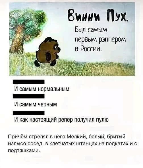 Винни Пух. Был самым первым рэппером в России. И самым нормальным И самым черным И как настоящий репер получил пулю Причём стрелял в него Мелкий, белый, бритый налысо сосед, в клетчатых штанцах на подкатах и с подтяшками.