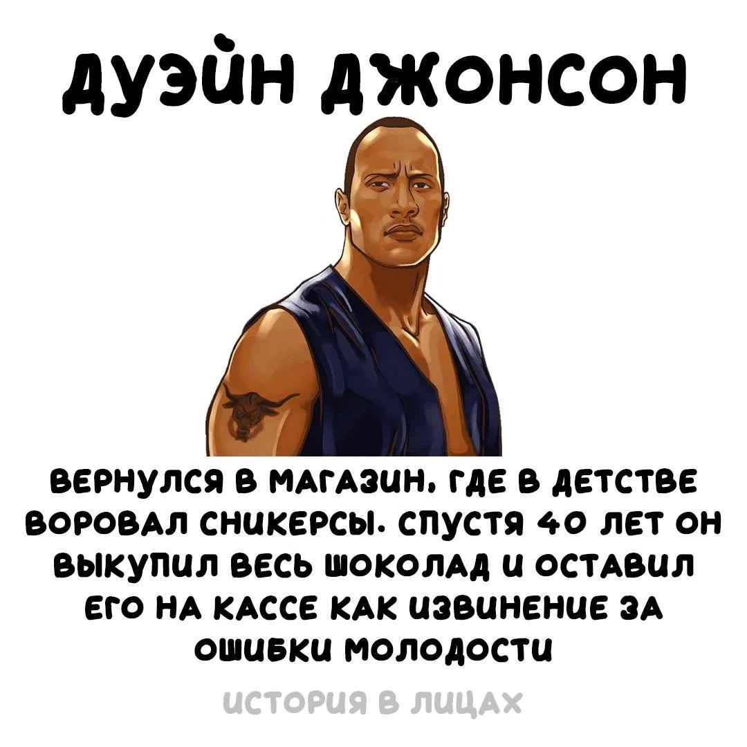 ДУЭЙН ДЖОНСОН ВЕРНУЛСЯ В МАГАЗИН, ГДЕ В ДЕТСТВЕ ВОРОВАЛ СНИКЕРСЫ. СПУСТЯ 40 ЛЕТ ОН ВЫКУПИЛ ВЕСЬ ШОКОЛАД И ОСТАВИЛ ЕГО НА КАССЕ КАК ИЗВИНЕНИЕ ЗА ОШИБКИ МОЛОДОСТИ ИСТОРИЯ В ЛИЦАХ