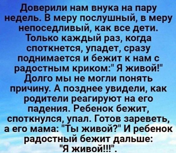 Доверили нам внука на пару недель. В меру послушный, в меру непоседливый, как все дети. Только каждый раз, когда споткнется, упадет, сразу поднимается и бежит к нам с радостным криком: 