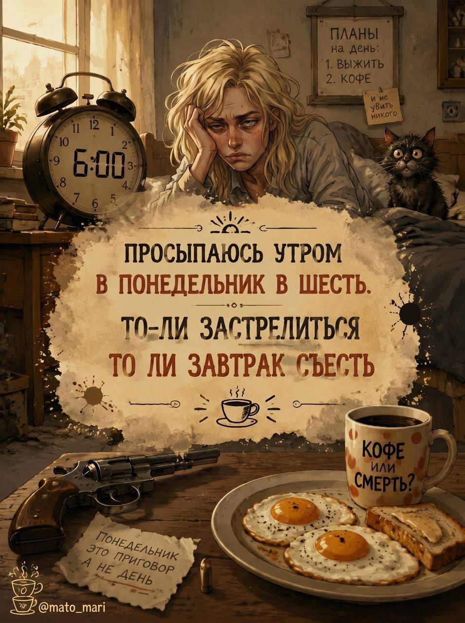 ПЛАНЫ на день: 1. ВЫЖИТЬ 2. КОФЕ и не убить никого. ПРОСЫПАЮСЬ УТРОМ В ПОНЕДЕЛЬНИК В ШЕСТЬ. ТО-ЛИ ЗАСТРЕЛИТЬСЯ ТО ЛИ ЗАВТРАК СЪЕСТЬ. КОФЕ ИЛИ СМЕРТЬ? ПОНЕДЕЛЬНИК ЭТО ПРИГОВОР А НЕ ДЕНЬ. 6:00.