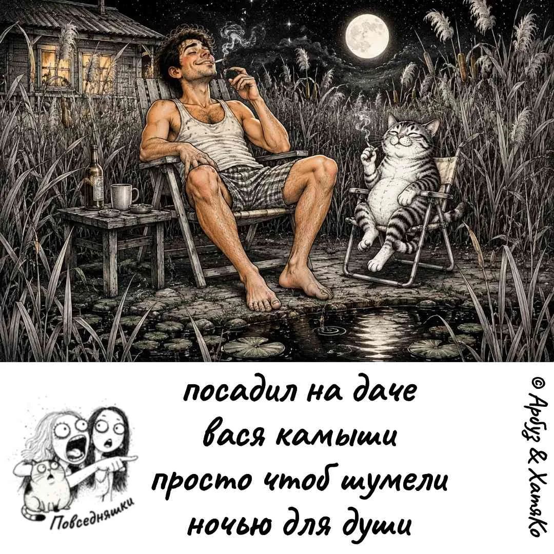 посадил на даче вася камыши просто чтоб шумели ночью для души Повседневняшки © Арбуз & ХатяКо