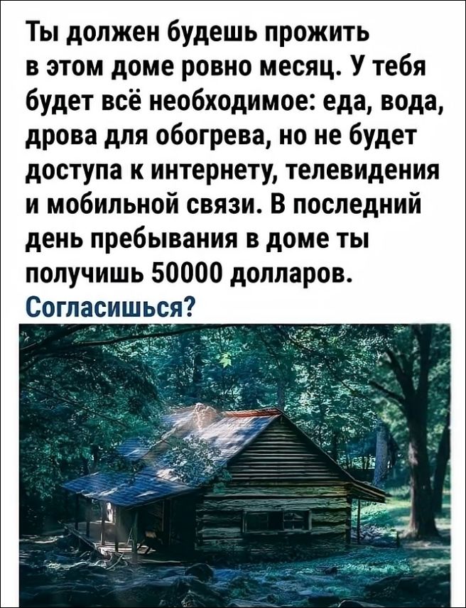 Ты должен будешь прожить в этом доме ровно месяц. У тебя будет всё необходимое: еда, вода, дрова для обогрева, но не будет доступа к интернету, телевидения и мобильной связи. В последний день пребывания в доме ты получишь 50000 долларов. Согласишься?