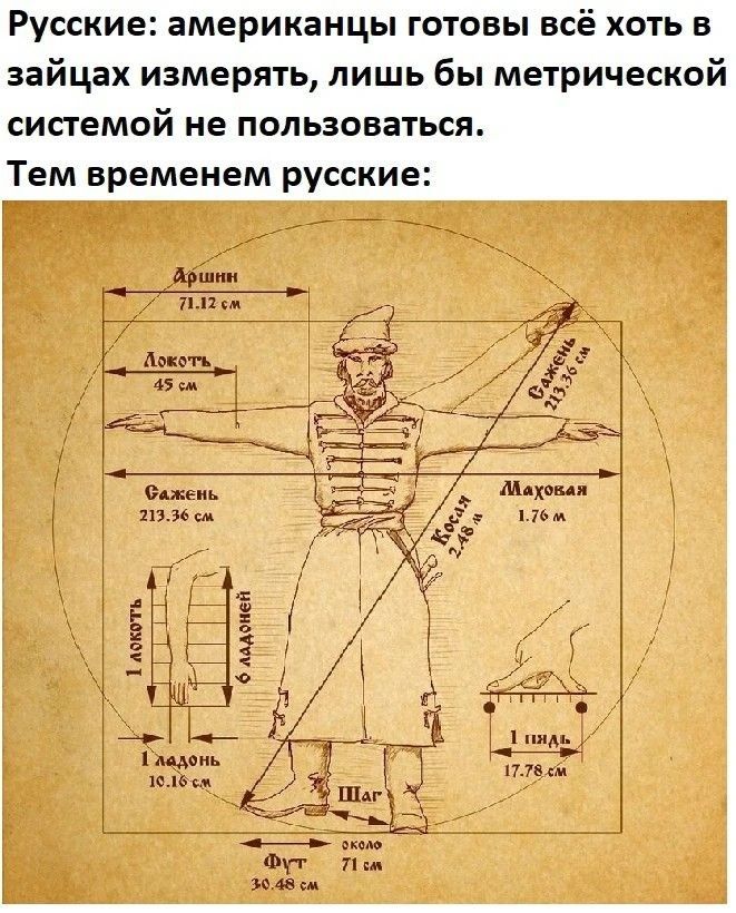 Русские: американцы готовы всё хоть в зайцах измерять, лишь бы метрической системой не пользоваться. Тем временем русские: Аршин 71.12 см, Локоть 45 см, Сажень 213.36 см, Маховая 1.76 м, Косая 2.48 м, 1 локоть, 6 ладоней, 1 ладонь 10.16 см, 1 пядь 17.78 см, Шаг около 71 см, Фут 30.48 см.