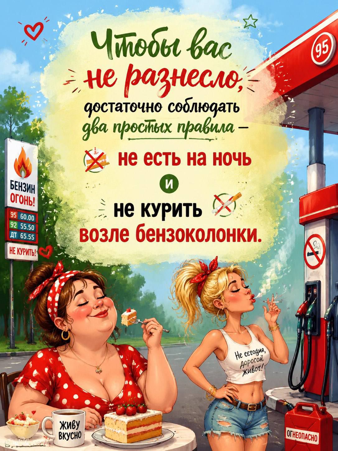Чтобы вас не разнесло, достаточно соблюдать два простых правила – не есть на ночь и не курить возле бензоколонки. БЕНЗИН ОГОНЬ! 95 60.00 92 55.50 ДТ 65.55 НЕ КУРИТЬ! ЖИВУ ВКУСНО Не сегодня, дорогой живот! ОГНЕОПАСНО 95