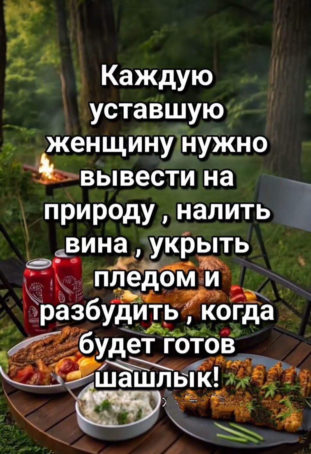 Каждую уставшую женщину нужно вывести на природу, налить вина, укрыть пледом и разбудить, когда будет готов шашлык!