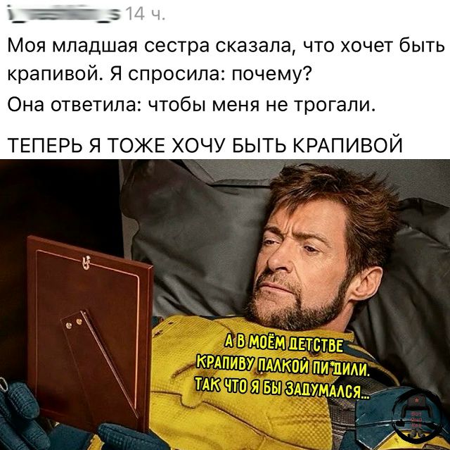 Моя младшая сестра сказала, что хочет быть крапивой. Я спросила: почему? Она ответила: чтобы меня не трогали. ТЕПЕРЬ Я ТОЖЕ ХОЧУ БЫТЬ КРАПИВОЙ. А В МОЁМ ДЕТСТВЕ КРАПИВУ ПАЛКОЙ ПИ*ДИЛИ. ТАК ЧТО Я БЫ ЗАДУМАЛСЯ...
