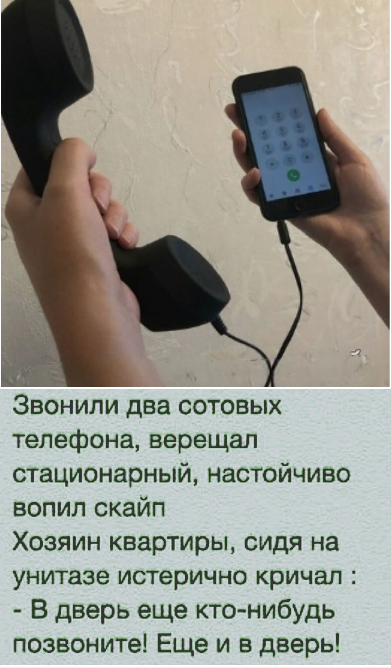 Звонили два сотовых телефона, верещал стационарный, настойчиво вопил скайп Хозяин квартиры, сидя на унитазе истерично кричал: - В дверь еще кто-нибудь позвоните! Еще и в дверь!