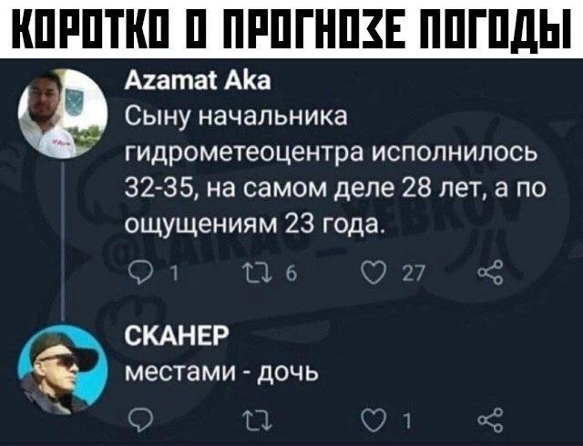 КОРОТКО О ПРОГНОЗЕ ПОГОДЫ. Azamat Aka: Сыну начальника гидрометеоцентра исполнилось 32-35, на самом деле 28 лет, а по ощущениям 23 года. СКАНЕР: местами - дочь