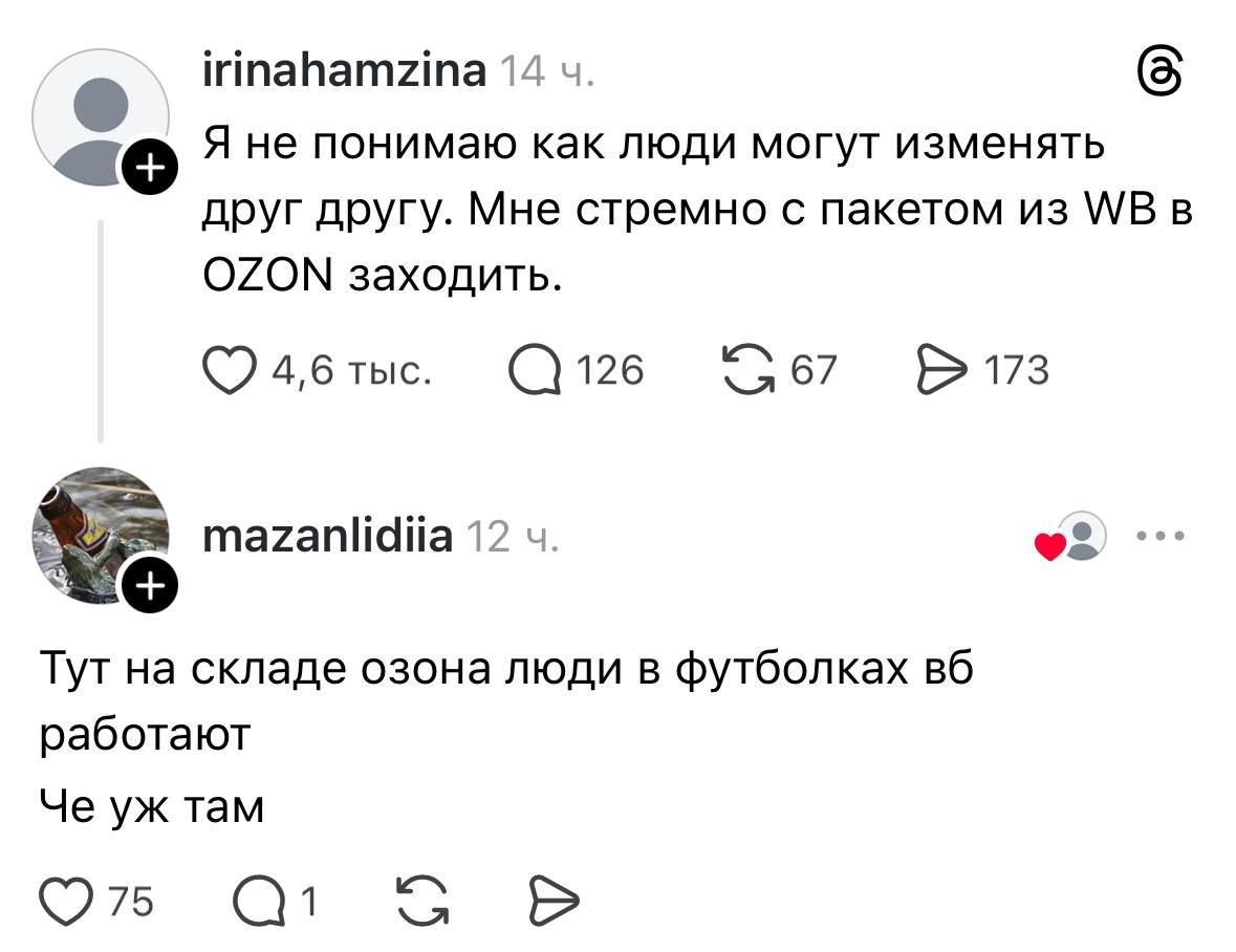 Я не понимаю как люди могут изменять друг другу. Мне стремно с пакетом из WB в OZON заходить. Тут на складе озона люди в футболках вб работают Че уж там