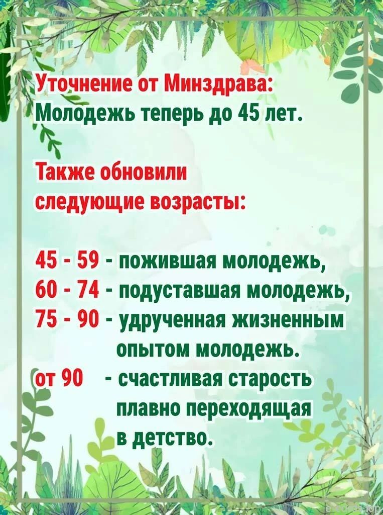 Уточнение от Минздрава: Молодежь теперь до 45 лет. Также обновили следующие возрасты: 45 - 59 - почившая молодежь, 60 - 74 - подуставшая молодежь, 75 - 90 - удрученная жизненным опытом молодежь. от 90 - счастливая старость плавно переходящая в детство.