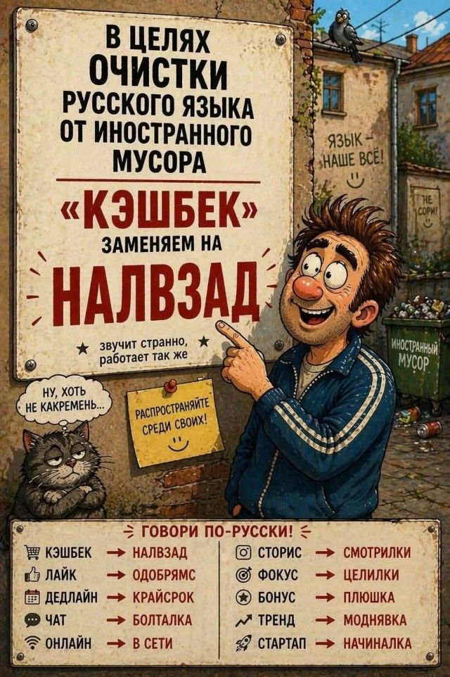 В ЦЕЛЯХ ОЧИСТКИ РУССКОГО ЯЗЫКА ОТ ИНОСТРАННОГО МУСОРА «КЭШБЕК» ЗАМЕНЯЕМ НА НАЛВЗАД. ЗВУЧИТ СТРАННО, РАБОТАЕТ ТАК ЖЕ. НУ, ХОТЬ НЕ КАКРЕМЕНЬ... РАСПРОСТРАНЯЙТЕ СРЕДИ СВОИХ! ЯЗЫК – НАШЕ ВСЁ! НЕ СОРИ! ИНОСТРАННЫЙ МУСОР. ГОВОРИ ПО-РУССКИ! КЭШБЕК -> НАЛВЗАД, ЛАЙК -> ОДОБРЯМС, ДЕДЛАЙН -> КРАЙСРОК, ЧАТ -> БОЛТАЛКА, ОНЛАЙН -> В СЕТИ, СТОРИС -> СМОТРИЛКИ, ФО