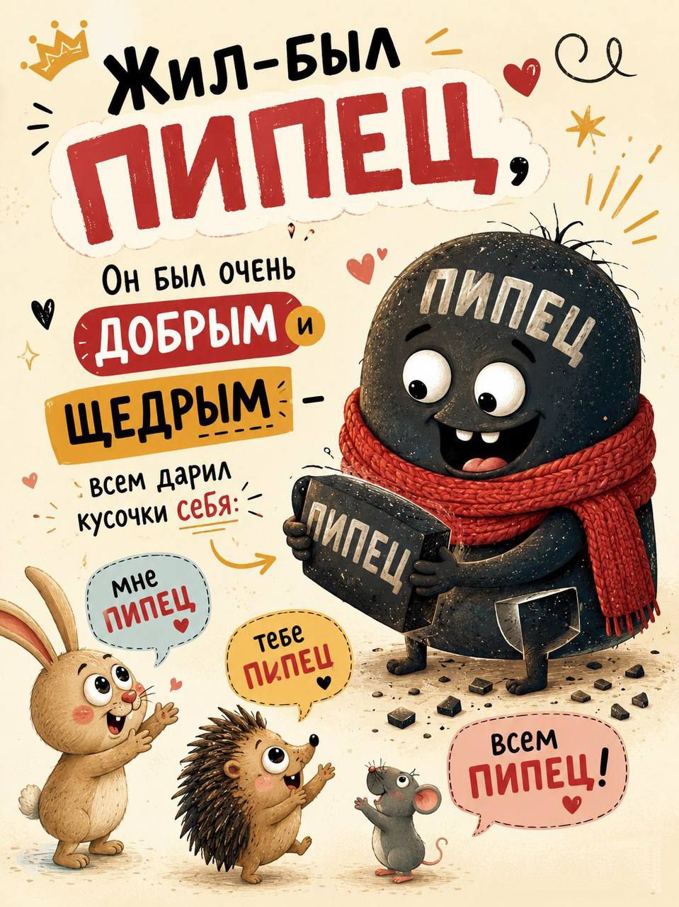 Жил-был ПИПЕЦ, Он был очень ДОБРЫМ и ЩЕДРЫМ. Всем дарил кусочки себя: МНЕ ПИПЕЦ, ТЕБЕ ПИПЕЦ, ВСЕМ ПИПЕЦ!