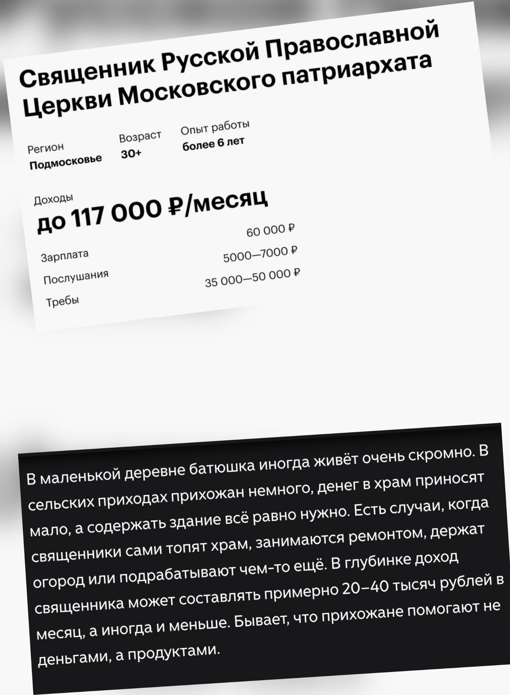 Священник Русской Православной Церкви Московского патриархата. Регион: Подмосковье. Возраст: 30+. Опыт работы: более 6 лет. Доходы: до 117 000 ₽/месяц. Зарплата: 60 000 ₽. Послушания: 5000-7000 ₽. Требы: 35 000-50 000 ₽. В маленькой деревне батюшка иногда живёт очень скромно. В сельских приходах прихожан немного, денег в храм приносят мало, а содер