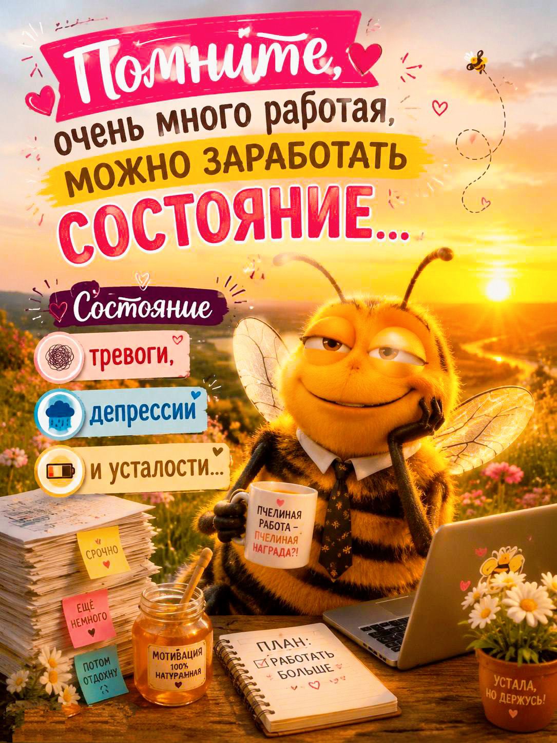 Помните, очень много работая, можно заработать СОСТОЯНИЕ... Состояние тревоги, депрессий и усталости... ПЧЕЛИНАЯ РАБОТА - ПЧЕЛИНАЯ НАГРАДА?! СРОЧНО. ЕЩЕ НЕМНОГО. ПОТОМ ОТДОХНУ. МОТИВАЦИЯ 100% НАТУРАЛЬНАЯ. ПЛАН: РАБОТАТЬ БОЛЬШЕ. УСТАЛА, НО ДЕРЖУСЬ!