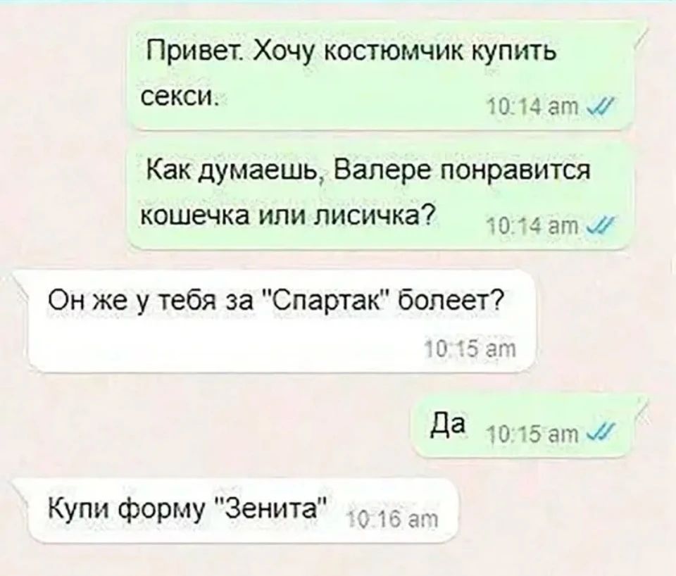 Привет. Хочу костюмчик купить секси. Как думаешь, Валере понравится кошечка или лисичка? Он же у тебя за 
