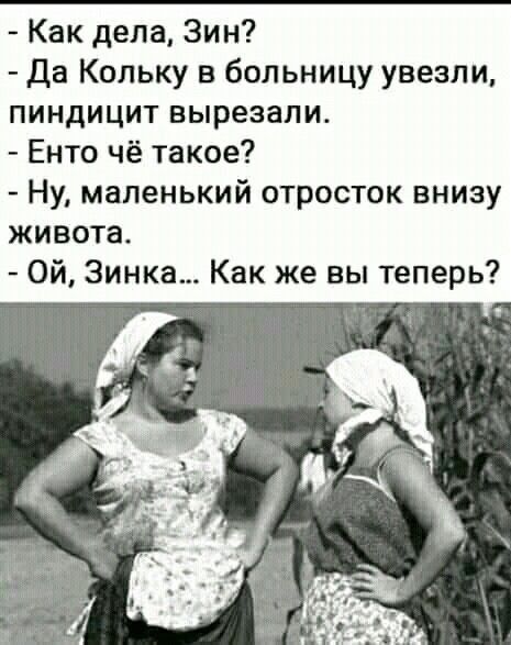 Как дела, Зин? - Да Кольку в больницу увезли, пиндицит вырезали. - Енто чё такое? - Ну, маленький отросток внизу живота. - Ой, Зинка... Как же вы теперь?
