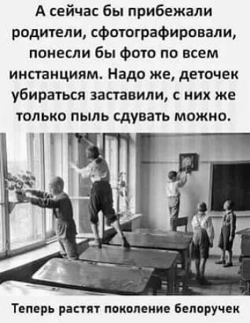 А сейчас бы прибежали родители, сфотографировали, понесли бы фото по всем инстанциям. Надо же, деточек убираться заставили, с них же только пыль сдувать можно. Теперь растят поколение белоручек