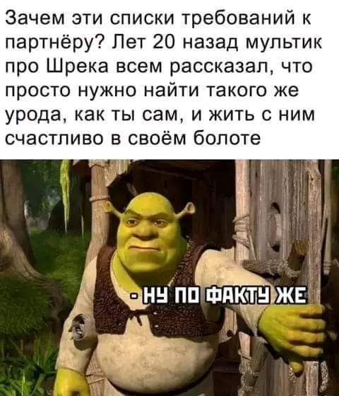 Зачем эти списки требований к партнёру? Лет 20 назад мультик про Шрека всем рассказал, что просто нужно найти такого же урода, как ты сам, и жить с ним счастливо в своём болоте. НУ ПО ФАКТУ ЖЕ