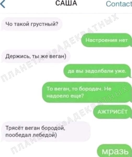 Чо такой грустный? Настроения нет. Держись, ты же веган) да вы задолбали уже. То веган, то бородач. Не надоело еще? АЖТРИСЁТ. Трясёт веган бородой, пообедал лебедой) мразь