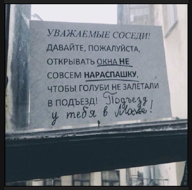 УВАЖАЕМЫЕ СОСЕДИ! ДАВАЙТЕ, ПОЖАЛУЙСТА, ОТКРЫВАТЬ ОКНА НЕ СОВСЕМ НАРАСПАШКУ, ЧТОБЫ ГОЛУБИ НЕ ЗАЛЕТАЛИ В ПОДЪЕЗД! Подъезд у тебя в Москве!