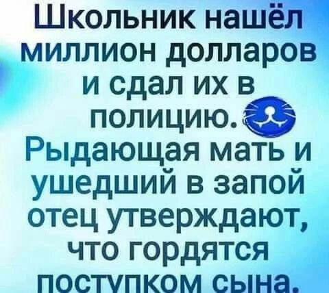 Школьник нашёл миллион долларов и сдал их в полицию. Рыдающая мать и ушедший в запой отец утверждают, что гордятся поступком сына.