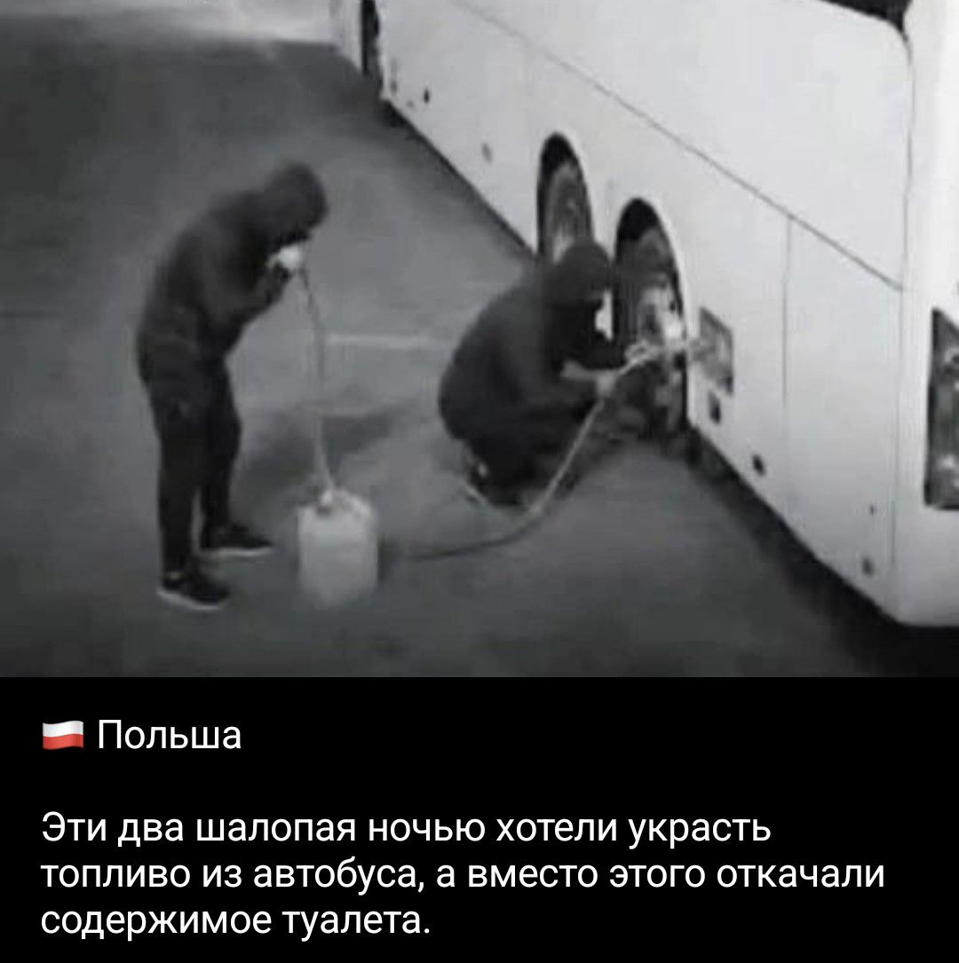 Польша Эти два шалопая ночью хотели украсть топливо из автобуса, а вместо этого откачали содержимое туалета.