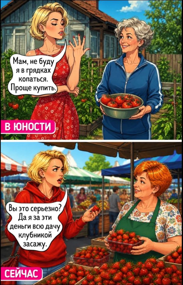 Мам, не буду я в грядках копаться. Проще купить. В юности. Вы это серьезно? Да я за эти деньги всю дачу клубникой засажу. Сейчас.