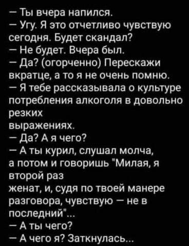 Ты вчера напился. Угу. Я это отчетливо чувствую сегодня. Будет скандал? Не будет. Вчера был. Да? (огорченно) Перескажи вкратце, а то я не очень помню. Я тебе рассказывала о культуре потребления алкоголя в довольно резких выражениях. Да? А я чего? А ты курил, слушал молча, а потом и говоришь 