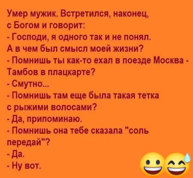 Умер мужик. Встретился, наконец, с Богом и говорит: - Господи, я одного так и не понял. А в чем был смысл моей жизни? - Помнишь ты как-то ехал в поезде Москва - Тамбов в плацкарте? - Смутно... - Помнишь там еще была такая тетка с рыжими волосами? - Да, припоминаю. - Помнишь она тебе сказала 
