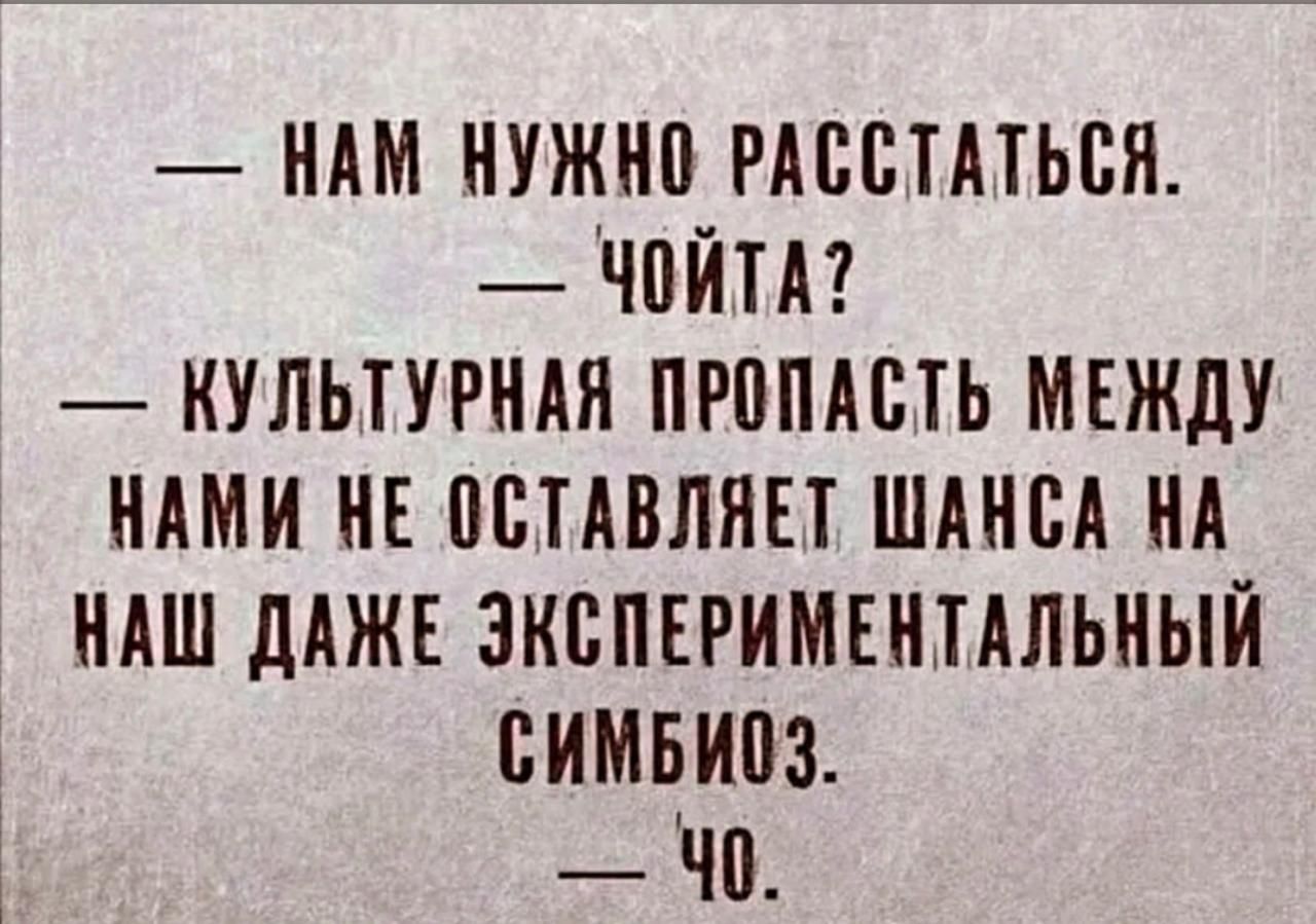 НАМ НУЖНО РАССТАТЬСЯ. ЧОЙТА? КУЛЬТУРНАЯ ПРОПАСТЬ МЕЖДУ НАМИ НЕ ОСТАВЛЯЕТ ШАНСА НА НАШ ДАЖЕ ЭКСПЕРИМЕНТАЛЬНЫЙ СИМБИОЗ. ЧО.