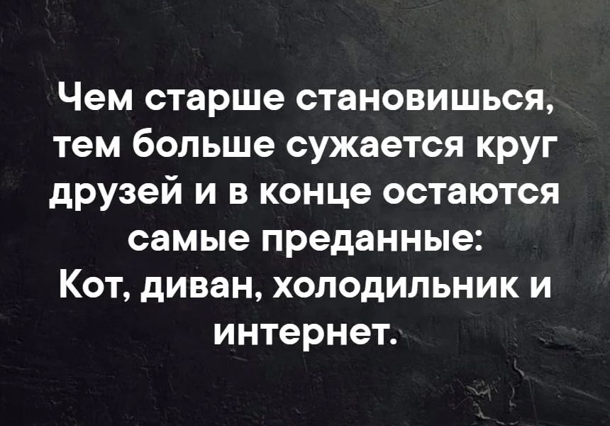 Чем старше становишься, тем больше сужается круг друзей и в конце остаются самые преданные: Кот, диван, холодильник и интернет.