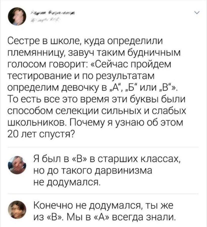 Сестре в школе, куда определили племянницу, завуч таким будничным голосом говорит: «Сейчас пройдем тестирование и по результатам определим девочку в „А“, „Б“ или „В“». То есть все это время эти буквы были способом селекции сильных и слабых школьников. Почему я узнаю об этом 20 лет спустя? Я был в «В» в старших классах, но до такого дарвинизма не до