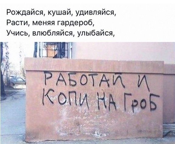 Рождайся, кушай, удивляйся, Расти, меняй гардероб, Учись, влюбляйся, улыбайся, РАБОТАЙ И КОПИ НА ГРОБ