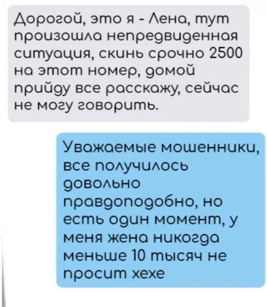 Дорогой, это я - Лена, тут произошла непредвиденная ситуация, скинь срочно 2500 на этот номер, домой прийду все расскажу, сейчас не могу говорить. Уважаемые мошенники, все получилось довольно правдоподобно, но есть один момент, у меня жена никогда меньше 10 тысяч не просит хехе