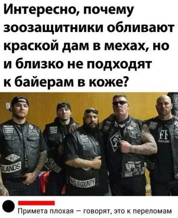 Интересно, почему зоозащитники обливают краской дам в мехах, но и близко не подходят к байкерам в коже? Примета плохая — говорят, это к переломам