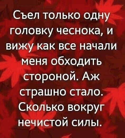 Съел только одну головку чеснока, и вижу как все начали меня обходить стороной. Аж страшно стало. Сколько вокруг нечистой силы.