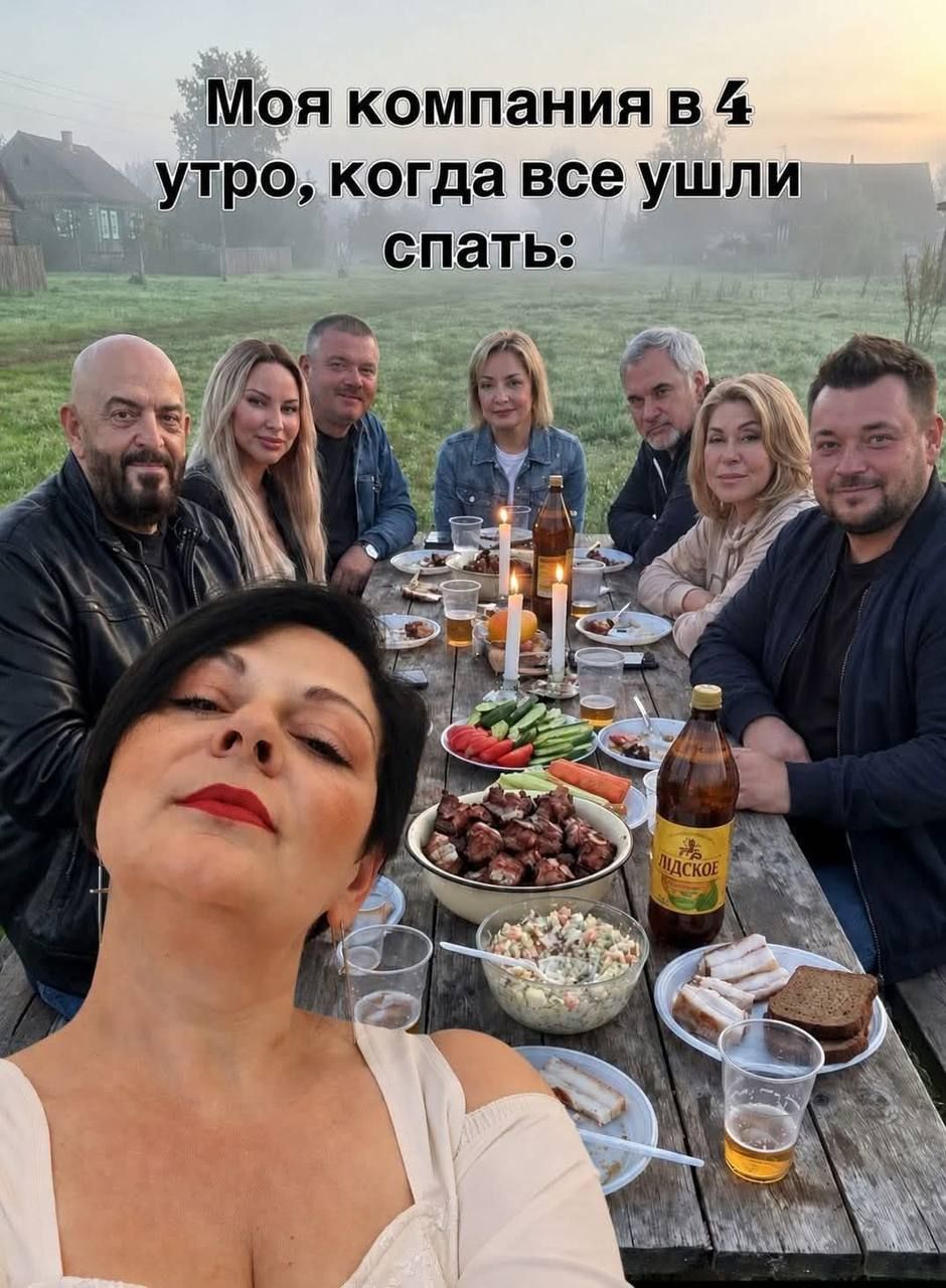 Моя компания в 4 утра, когда все ушли спать: На изображении показана компания людей, сидящих за столом на природе. На переднем плане женщина делает селфи, демонстрируя глубокое декольте. На столе еда и бутылки пива «ЛІДСКОЕ». Задний план размыт, виден туман и деревенские дома.