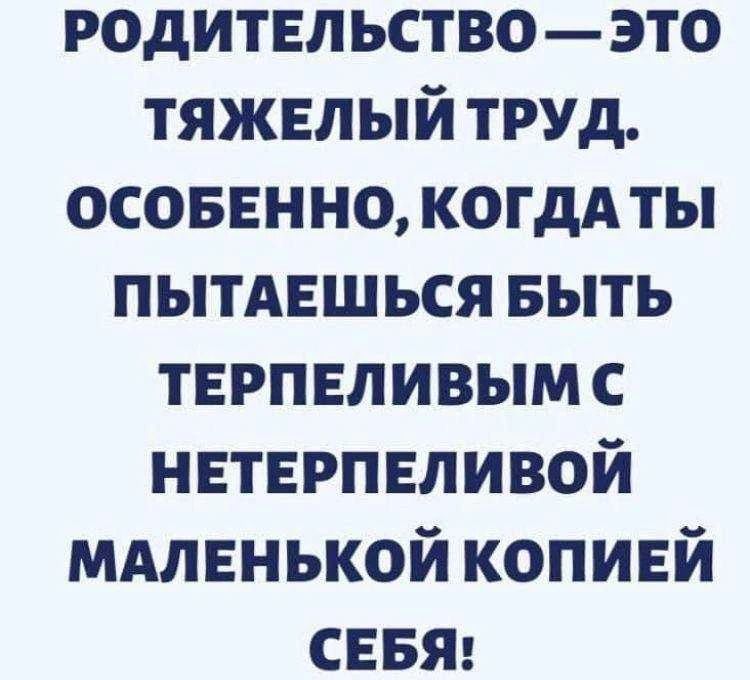 РОДИТЕЛЬСТВО — ЭТО ТЯЖЕЛЫЙ ТРУД. ОСОБЕННО, КОГДА ТЫ ПЫТАЕШЬСЯ БЫТЬ ТЕРПЕЛИВЫМ С НЕТЕРПЕЛИВОЙ МАЛЕНЬКОЙ КОПИЕЙ СЕБЯ!