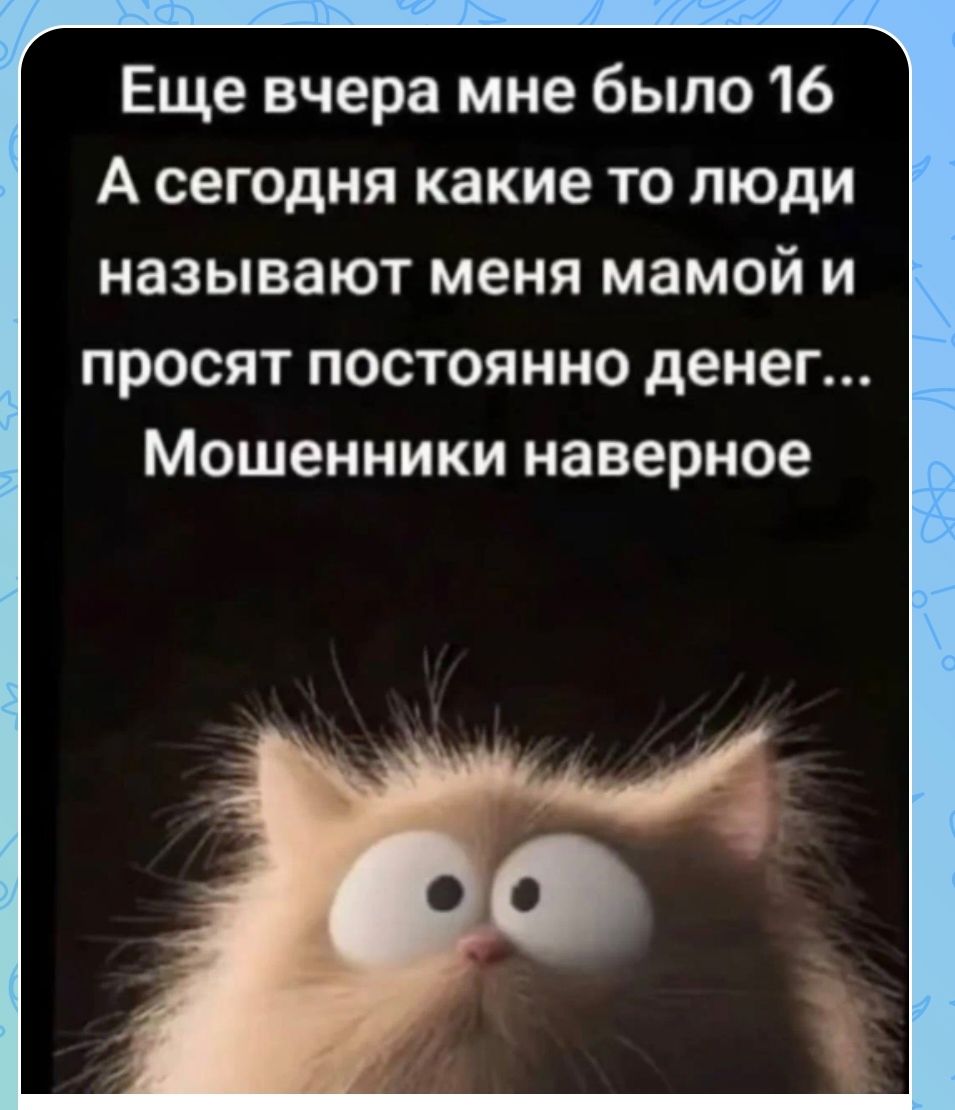 Еще вчера мне было 16 А сегодня какие то люди называют меня мамой и просят постоянно денег... Мошенники наверное