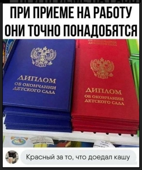 ПРИ ПРИЕМЕ НА РАБОТУ ОНИ ТОЧНО ПОНАДОБЯТСЯ ДИПЛОМ ОБ ОКОНЧАНИИ ДЕТСКОГО САДА Красный за то, что доедал кашу