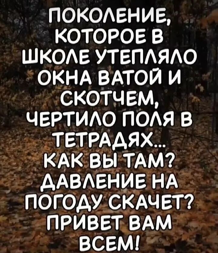 ПОКОЛЕНИЕ, КОТОРОЕ В ШКОЛЕ УТЕПЛЯЛО ОКНА ВАТОЙ И СКОТЧЕМ, ЧЕРТИЛО ПОЛЯ В ТЕТРАДЯХ... КАК ВЫ ТАМ? ДАВЛЕНИЕ НА ПОГОДУ СКАЧЕТ? ПРИВЕТ ВАМ ВСЕМ!