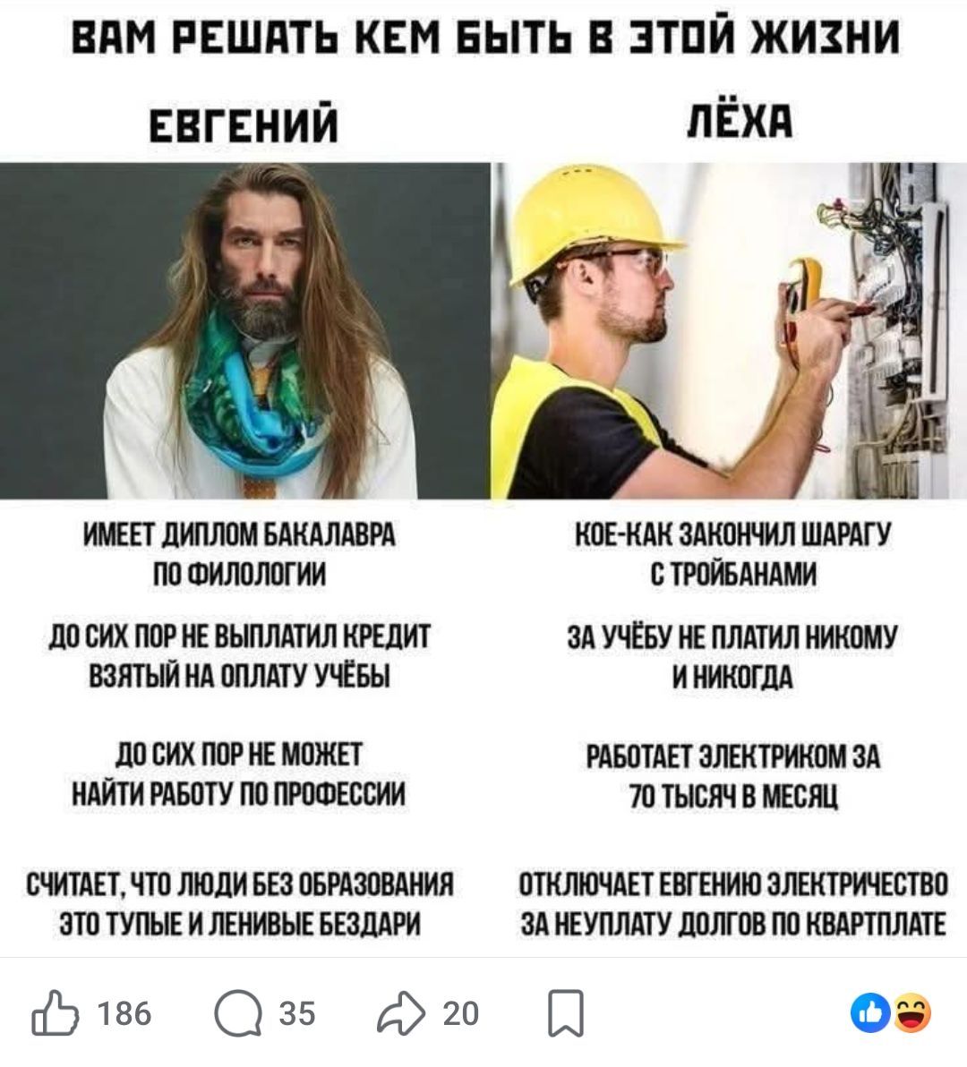 ВАМ РЕШАТЬ КЕМ БЫТЬ В ЭТОЙ ЖИЗНИ ЕВГЕНИЙ ЛЁХА ИМЕЕТ ДИПЛОМ БАКАЛАВРА ПО ФИЛОЛОГИИ КОЕ-КАК ЗАКОНЧИЛ ШАРАГУ С ТРОЙБАНАМИ ДО СИХ ПОР НЕ ВЫПЛАТИЛ КРЕДИТ ВЗЯТЫЙ НА ОПЛАТУ УЧЁБЫ ЗА УЧЁБУ НЕ ПЛАТИЛ НИКОМУ И НИКОГДА ДО СИХ ПОР НЕ МОЖЕТ НАЙТИ РАБОТУ ПО ПРОФЕССИИ РАБОТАЕТ ЭЛЕКТРИКОМ ЗА 70 ТЫСЯЧ В МЕСЯЦ СЧИТАЕТ, ЧТО ЛЮДИ БЕЗ ОБРАЗОВАНИЯ ЭТО ТУПЫЕ И ЛЕНИВЫЕ БЕ