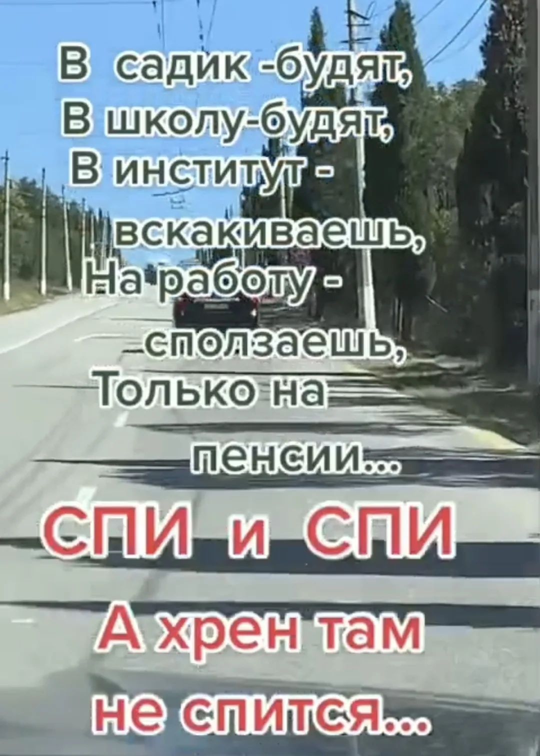 В садик - будят, В школу - будят, В институт - вскакиваешь, На работу - сползаешь, Только на пенсии... СПИ и СПИ А хрен там не спится...