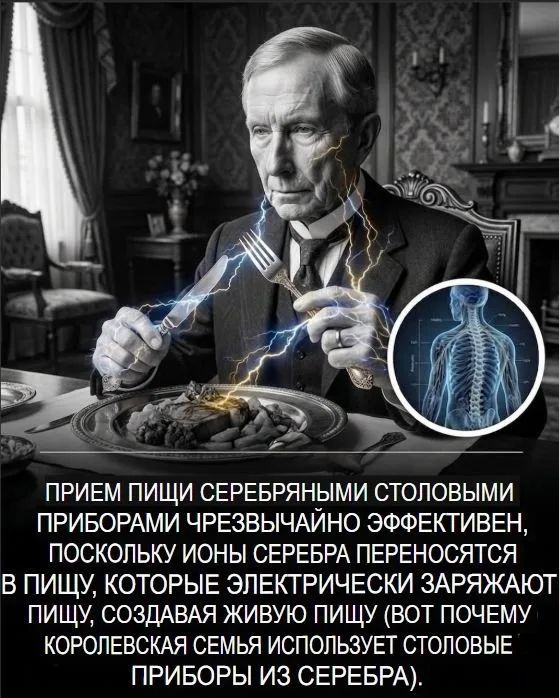ПРИЕМ ПИЩИ СЕРЕБРЯНЫМИ СТОЛОВЫМИ ПРИБОРАМИ ЧРЕЗВЫЧАЙНО ЭФФЕКТИВЕН, ПОСКОЛЬКУ ИОНЫ СЕРЕБРА ПЕРЕНОСЯТСЯ В ПИЩУ, КОТОРЫЕ ЭЛЕКТРИЧЕСКИ ЗАРЯЖАЮТ ПИЩУ, СОЗДАВАЯ ЖИВУЮ ПИЩУ (ВОТ ПОЧЕМУ КОРОЛЕВСКАЯ СЕМЬЯ ИСПОЛЬЗУЕТ СТОЛОВЫЕ ПРИБОРЫ ИЗ СЕРЕБРА).