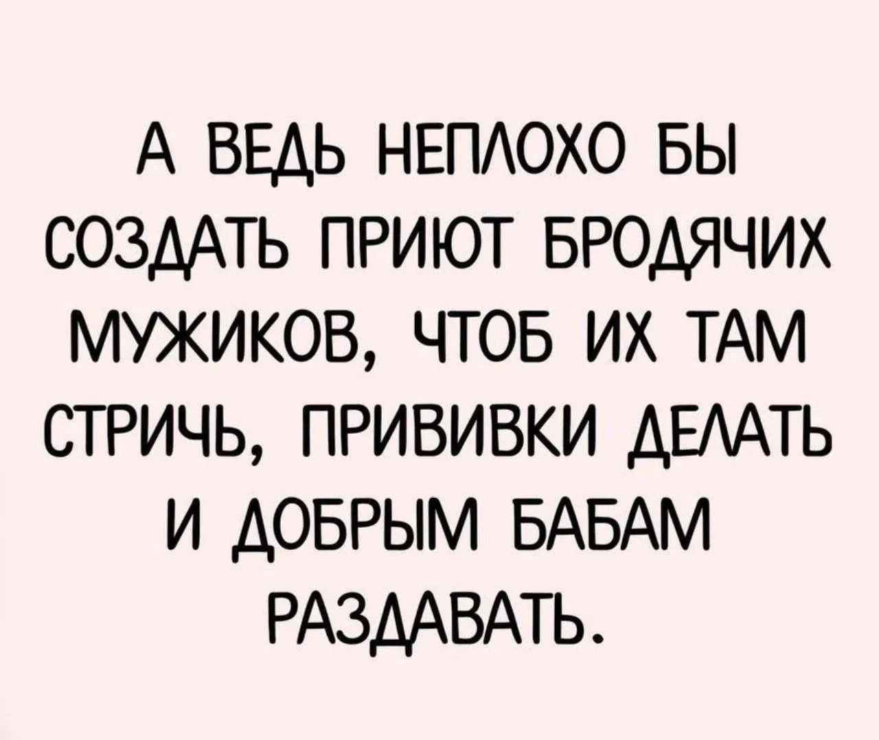 А ведь неплохо бы создать приют бродячих мужиков, чтоб их там стричь, прививки делать и добрым бабам раздавать.