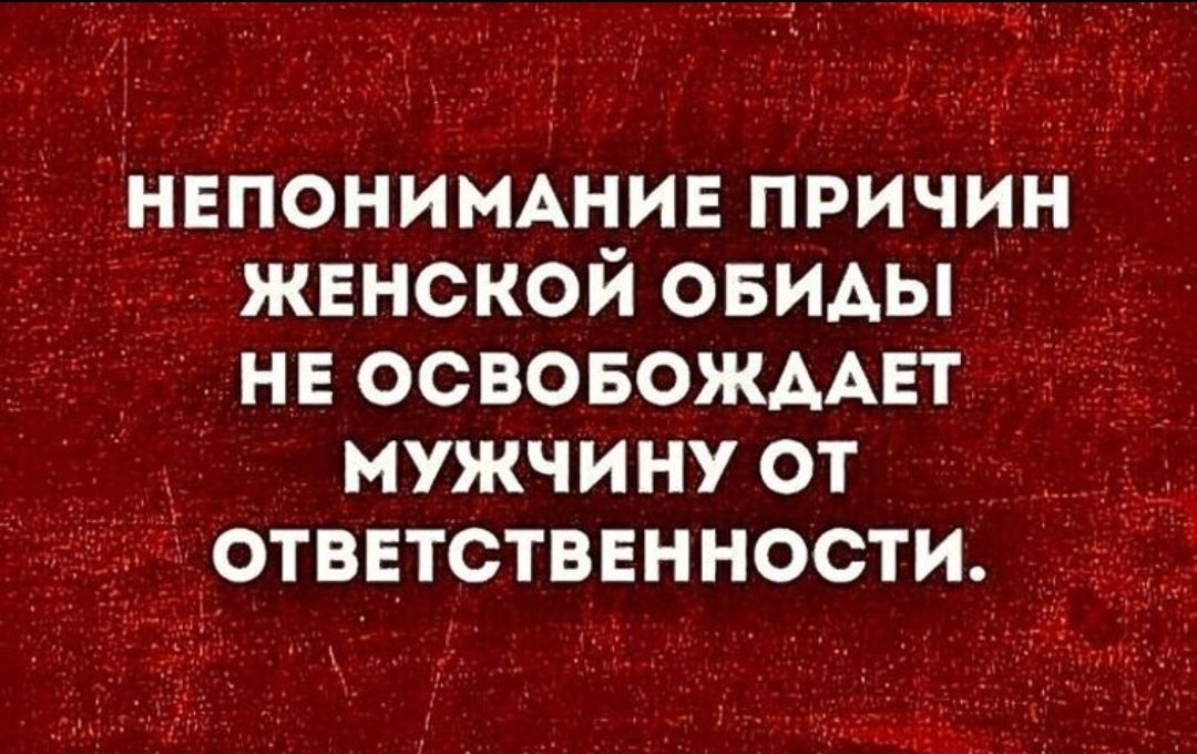 НЕПОНИМАНИЕ ПРИЧИН ЖЕНСКОЙ ОБИДЫ НЕ ОСВОБОЖДАЕТ МУЖЧИНУ ОТ ОТВЕТСТВЕННОСТИ.