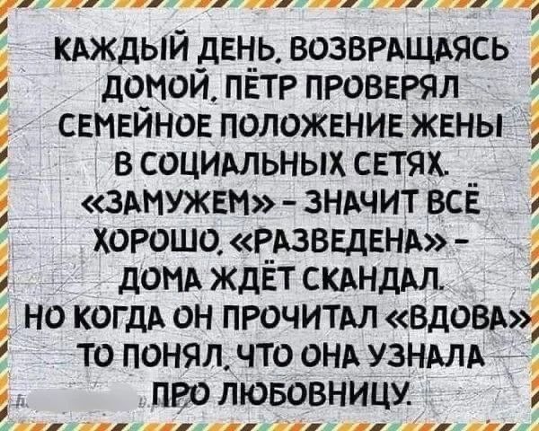 КАЖДЫЙ ДЕНЬ, ВОЗВРАЩАЯСЬ ДОМОЙ, ПЁТР ПРОВЕРЯЛ СЕМЕЙНОЕ ПОЛОЖЕНИЕ ЖЕНЫ В СОЦИАЛЬНЫХ СЕТЯХ. «ЗАМУЖЕМ» - ЗНАЧИТ ВСЁ ХОРОШО. «РАЗВЕДЕНА» - ДОМА ЖДЁТ СКАНДАЛ. НО КОГДА ОН ПРОЧИТАЛ «ВДОВА» ТО ПОНЯЛ, ЧТО ОНА УЗНАЛА ПРО ЛЮБОВНИЦУ.