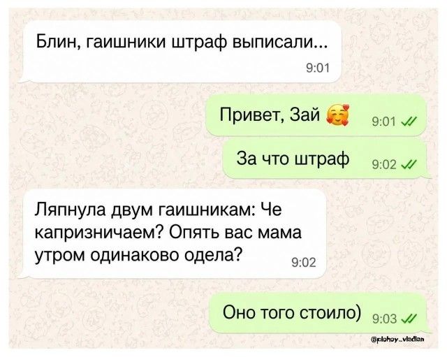 Блин, гаишники штраф выписали... Привет, Зай 🥰 За что штраф Ляпнула двум гаишникам: Че капризничаем? Опять вас мама утром одинаково одела? Оно того стоило)