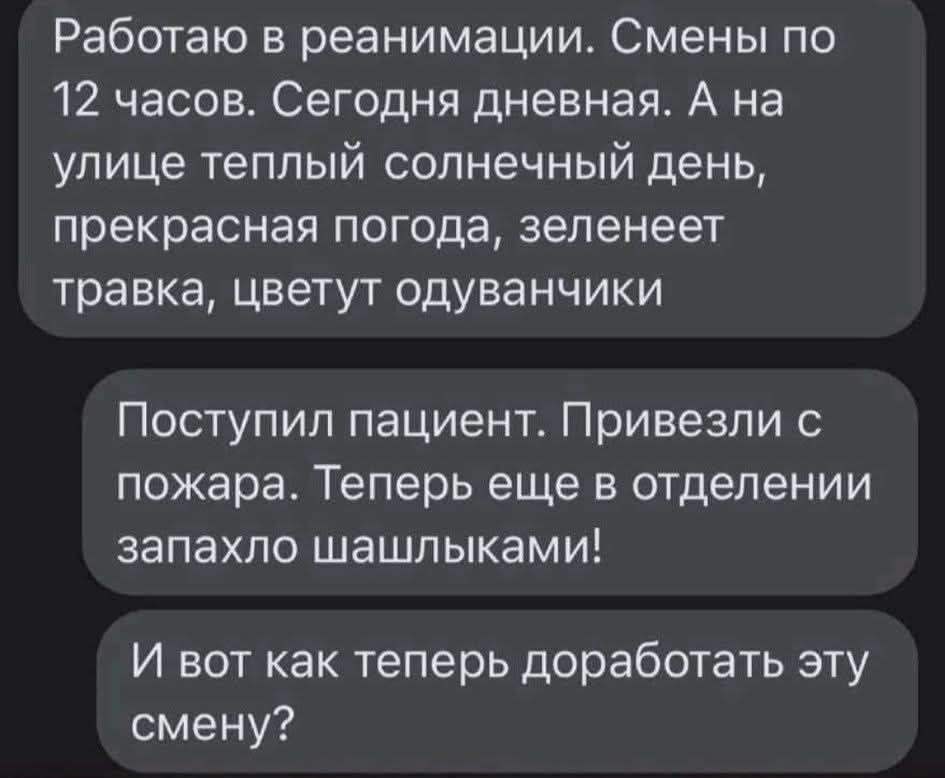 Работаю в реанимации. Смены по 12 часов. Сегодня дневная. А на улице теплый солнечный день, прекрасная погода, зеленеет травка, цветут одуванчики. Поступил пациент. Привезли с пожара. Теперь еще в отделении запахло шашлыками! И вот как теперь доработать эту смену?