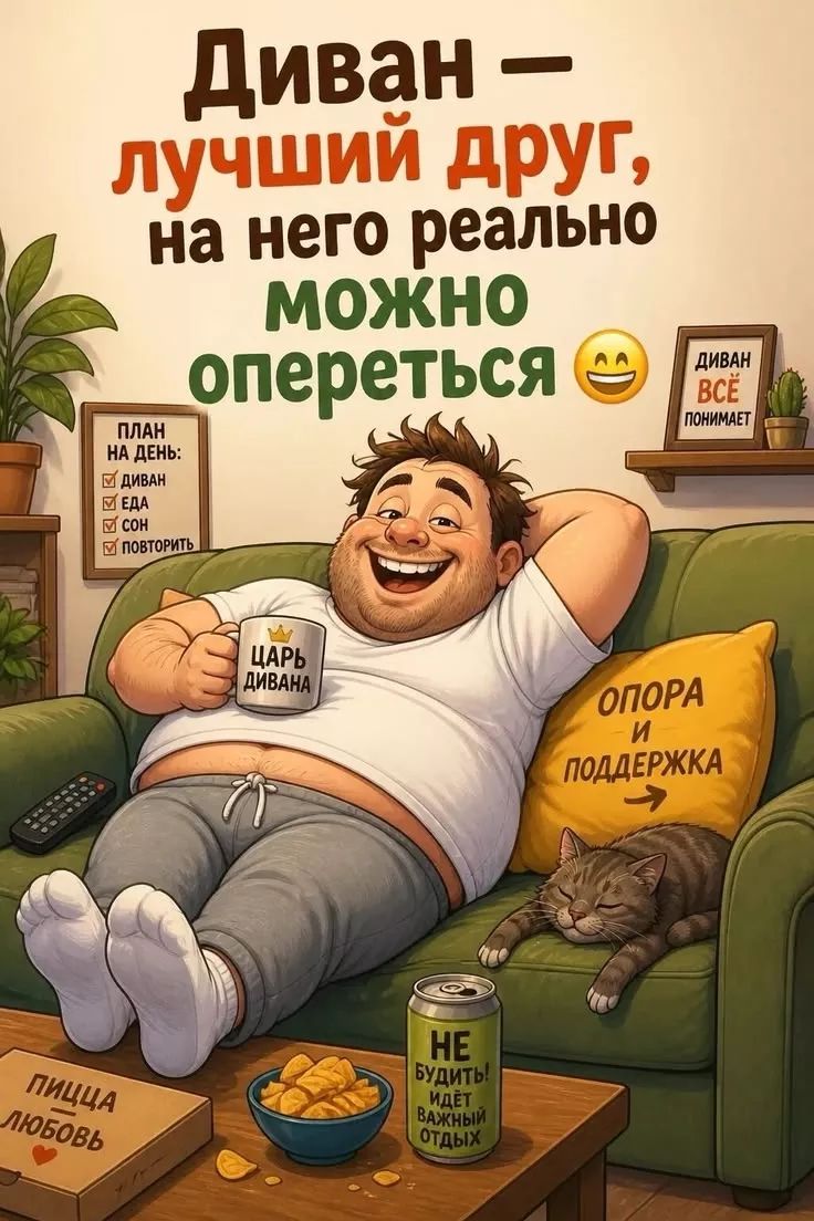 Диван — лучший друг, на него реально можно опереться. ДИВАН ВСЁ ПОНИМАЕТ. ПЛАН НА ДЕНЬ: ДИВАН, ЕДА, СОН, ПОВТОРИТЬ. ЦАРЬ ДИВАНА. ОПОРА И ПОДДЕРЖКА. ПИЦЦА ЛЮБОВЬ. НЕ БУДИТЬ! ИДЁТ ВАЖНЫЙ ОТДЫХ.